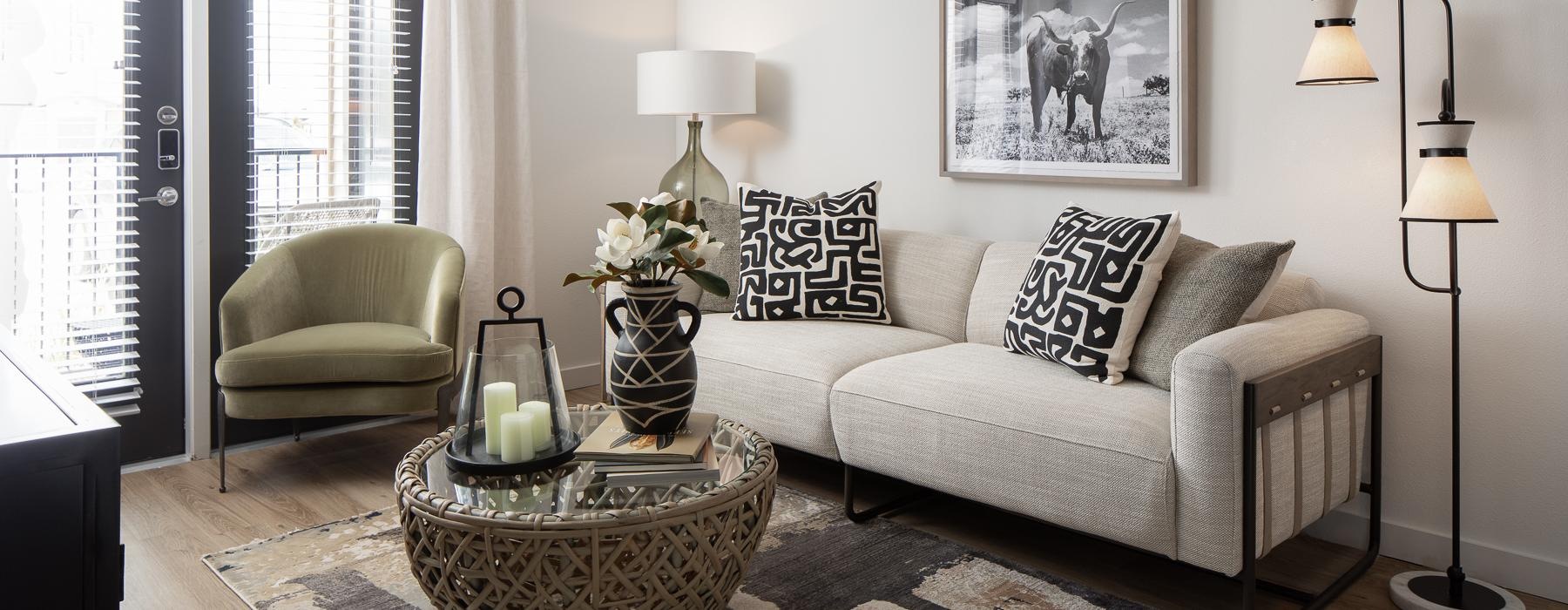 a living room with a couch and a coffee table