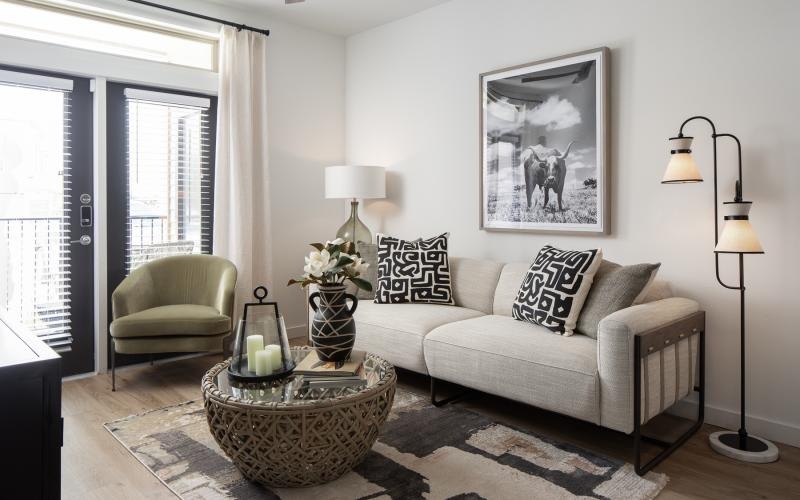 a living room with a couch and a coffee table